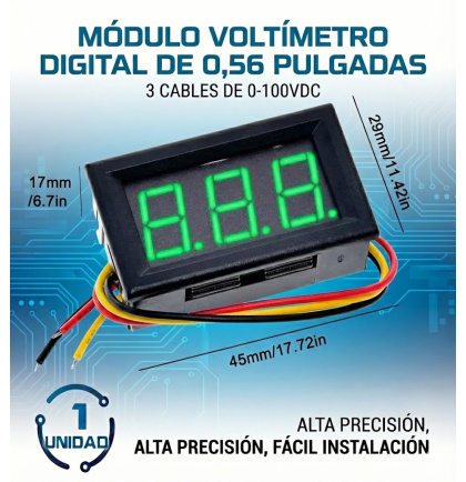 Voltimetro 0.56 Verde 3 Cables 0-100 Vdc